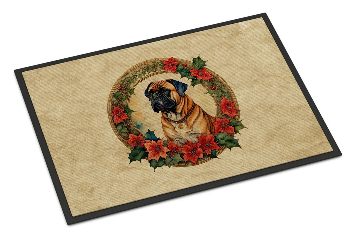 Bullmastiff Christmas Flowers Doormat Front Door Mat Indoor Outdoor Rugs For Entryway, Non Slip Washable Low Pile, 24H X 36W_maomaolike.com