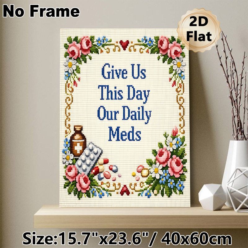 Daily Meds Themed Painting Poster, Vintage Cross-stitch Style Poster, Floral Border With Medication Motifs, Humorous Relatable Wall Decor For Home_maomaolike.com