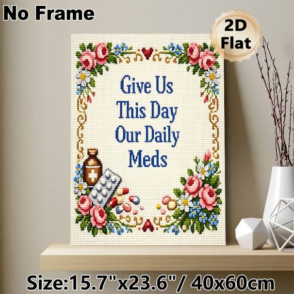 Daily Meds Themed Painting Poster, Vintage Cross-stitch Style Poster, Floral Border With Medication Motifs, Humorous Relatable Wall Decor For Home_maomaolike.com