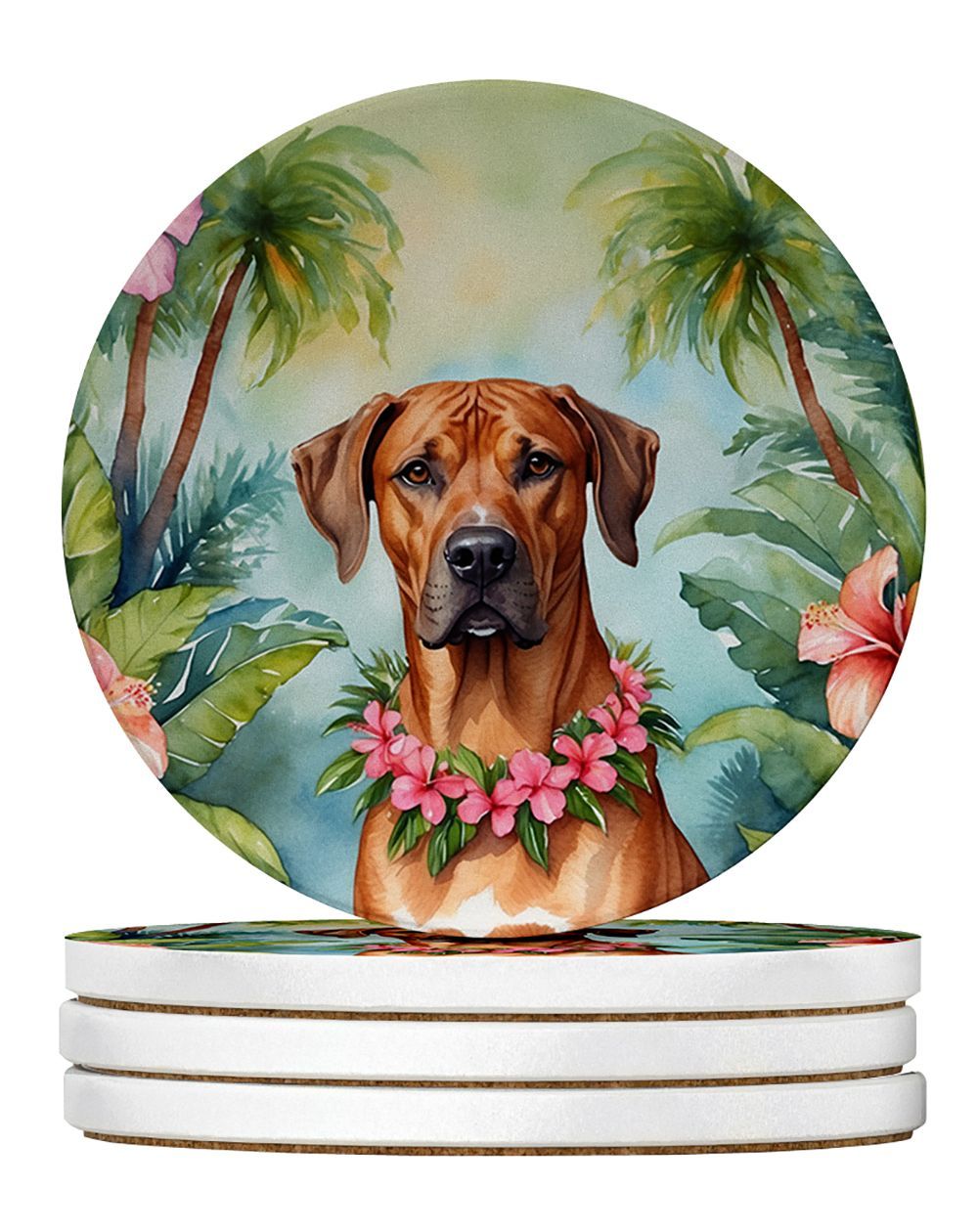 Rhodesian Ridgeback Luau Large Sandstone Coasters Pack Of 4 Absorbent Round Coasters Decor Gifts For Men Or Women, 4 In, Multicolor_maomaolike.com