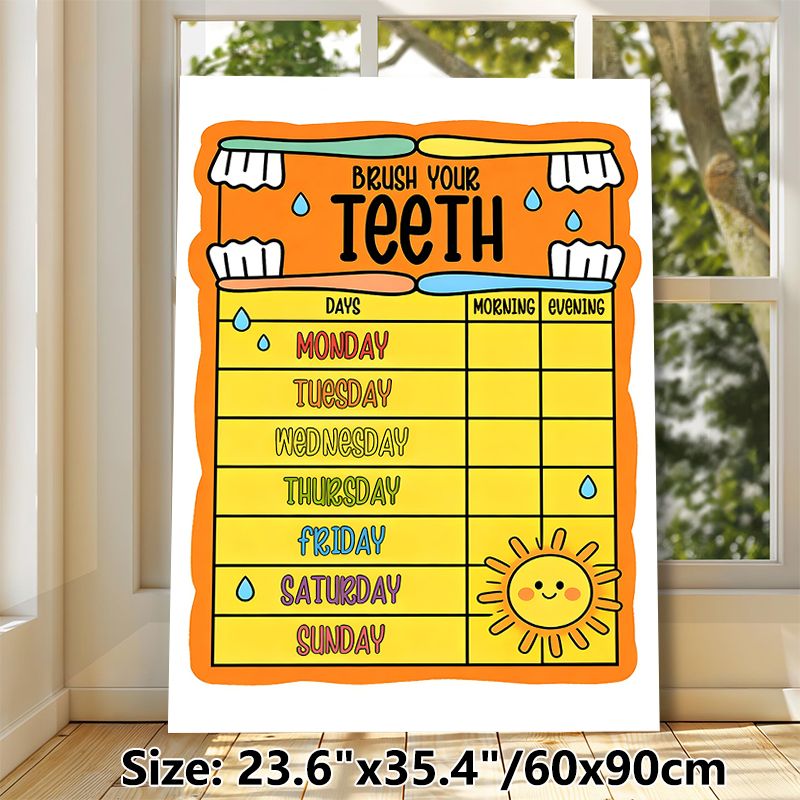 Teeth Brushing Chart Painting Poster, Vibrant Cartoon-style Poster, Weekly Oral Care Tracker To Develop Consistent Brushing Habits, Ideal For Bathroom_maomaolike.com