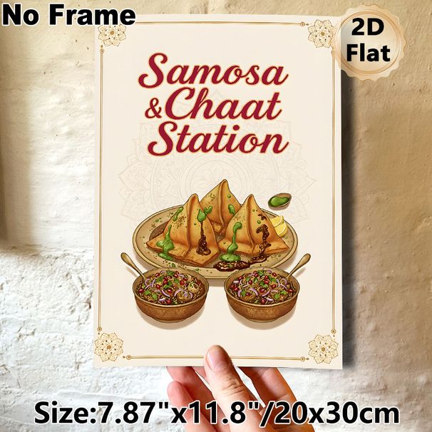 Samosa & Chaat Themed Painting Poster, Warm-toned Ethnic Illustrated Indian Street Food Poster, Delivers Authentic Culinary Vibe, Suitable For_maomaolike.com