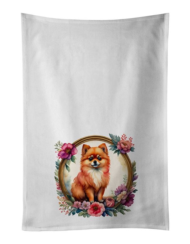 Pomeranian And Flowers Kitchen Towel Set Of 2 White Dish Towels Decorative Bathroom Hand Towel For Hand, Face, Hair, Yoga, Tea, Dishcloth, 19 X 28", White_maomaolike.com