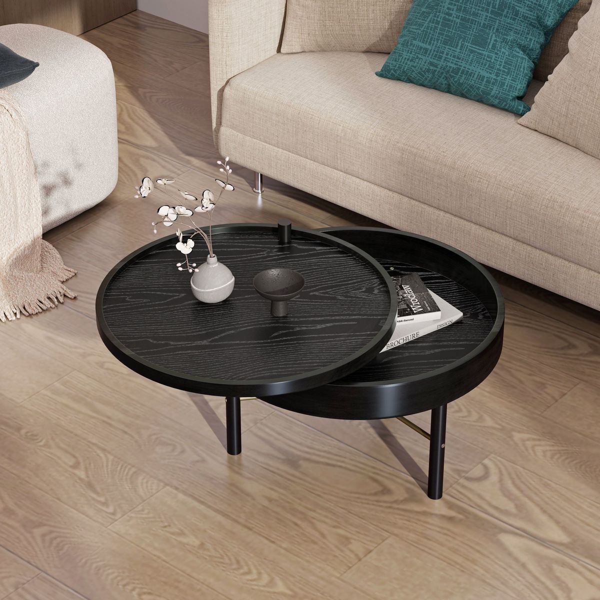 Modern Round Wood Rotating Tray Coffee Table With Storage & Metal Legs_maomaolike.com