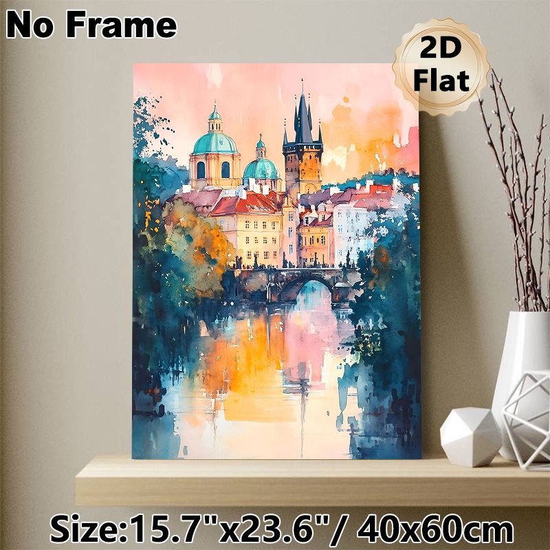 Prague Cityscape Painting Poster, Soft-hued Watercolor Style Poster, Dreamy Riverside Scene With Historic Domed Buildings And Bridge, Adds Artistic_maomaolike.com