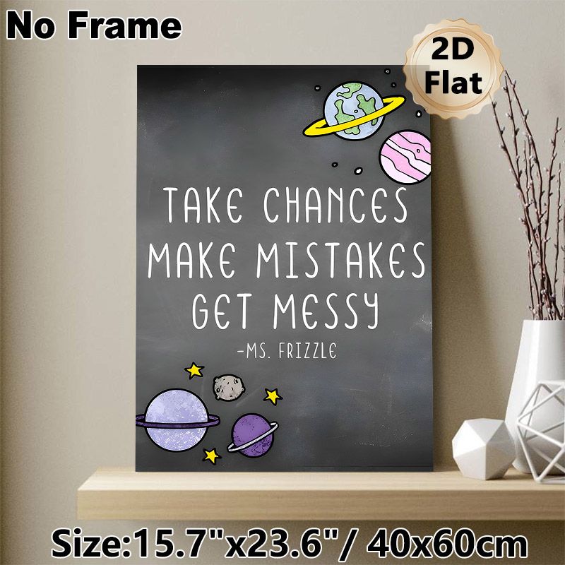 Space Inspirational Quote Painting Poster, Chalkboard-style Cartoon Planets & Typography Poster, Motivational Message To Embrace Risks, Ideal For_maomaolike.com