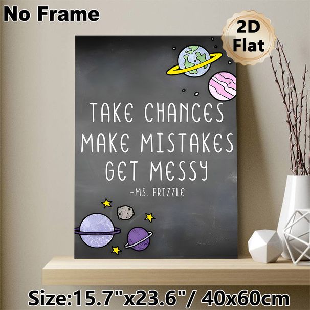 Space Inspirational Quote Painting Poster, Chalkboard-style Cartoon Planets & Typography Poster, Motivational Message To Embrace Risks, Ideal For_maomaolike.com