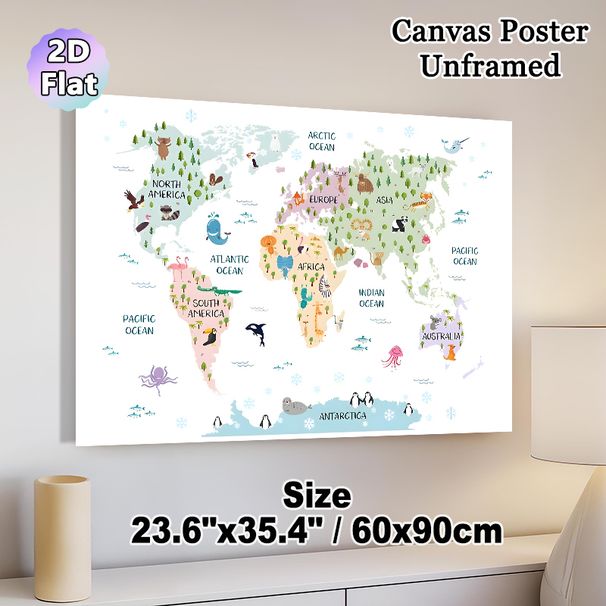Animal World Map Painting Poster, Soft-toned Cartoon Animal & Continent Map Poster, Educational Geographic Decor Suitable For Study, Living Room_maomaolike.com