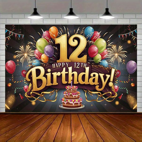 12th Birthday Party Banner - 2D Flat Polyester Backdrop With Balloons, Cake, Fireworks, Wall Hanging Photo Props, Party Decor_maomaolike.com