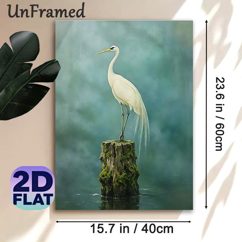 White Egret Painting Poster, Serene Realistic Art Poster, Elegant Egret Perched On Moss-covered Waterside Stump In Misty Aquatic Scene, Brings_maomaolike.com