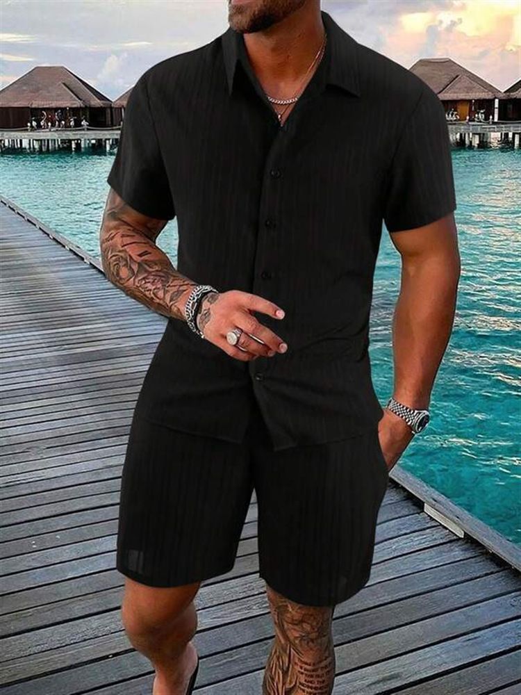 Men's Striped Lapel Shirt Shorts Trendy Casual Sports Suit_maomaolike.com