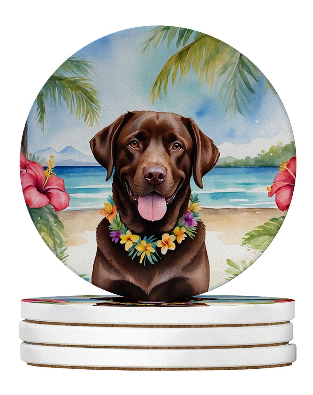 Chocolate Labrador Retriever Luau Large Sandstone Coasters Pack Of 4 Absorbent Round Coasters Decor Gifts For Men Or Women, 4 In, Multicolor_maomaolike.com