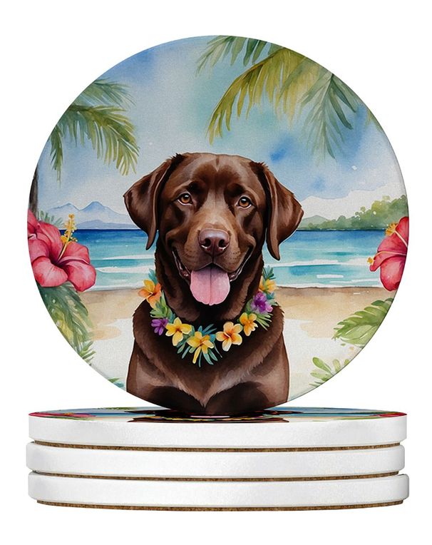 Chocolate Labrador Retriever Luau Large Sandstone Coasters Pack Of 4 Absorbent Round Coasters Decor Gifts For Men Or Women, 4 In, Multicolor_maomaolike.com