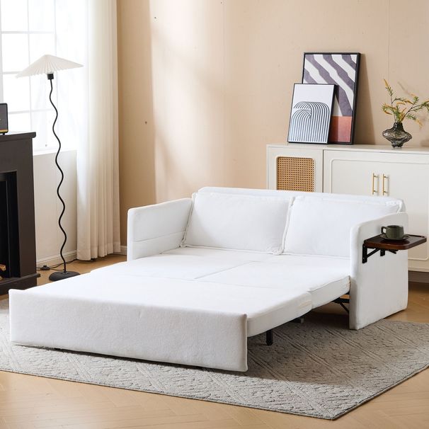 Adult Sleeper Chair Bed, 3-in-1 Convertible Sofa Chair Bed Pull-out Sofa Bed, Convenient Folding Tray Table With USB And Type-C Charging Ports Modern Loveseat For Living Room,WHITE,Fabric_maomaolike.com