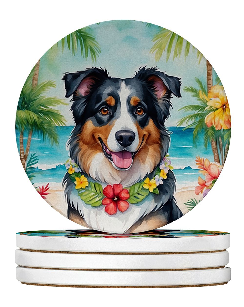 Australian Shepherd Luau Large Sandstone Coasters Pack Of 4 Absorbent Round Coasters Decor Gifts For Men Or Women, 4 In, Multicolor_maomaolike.com