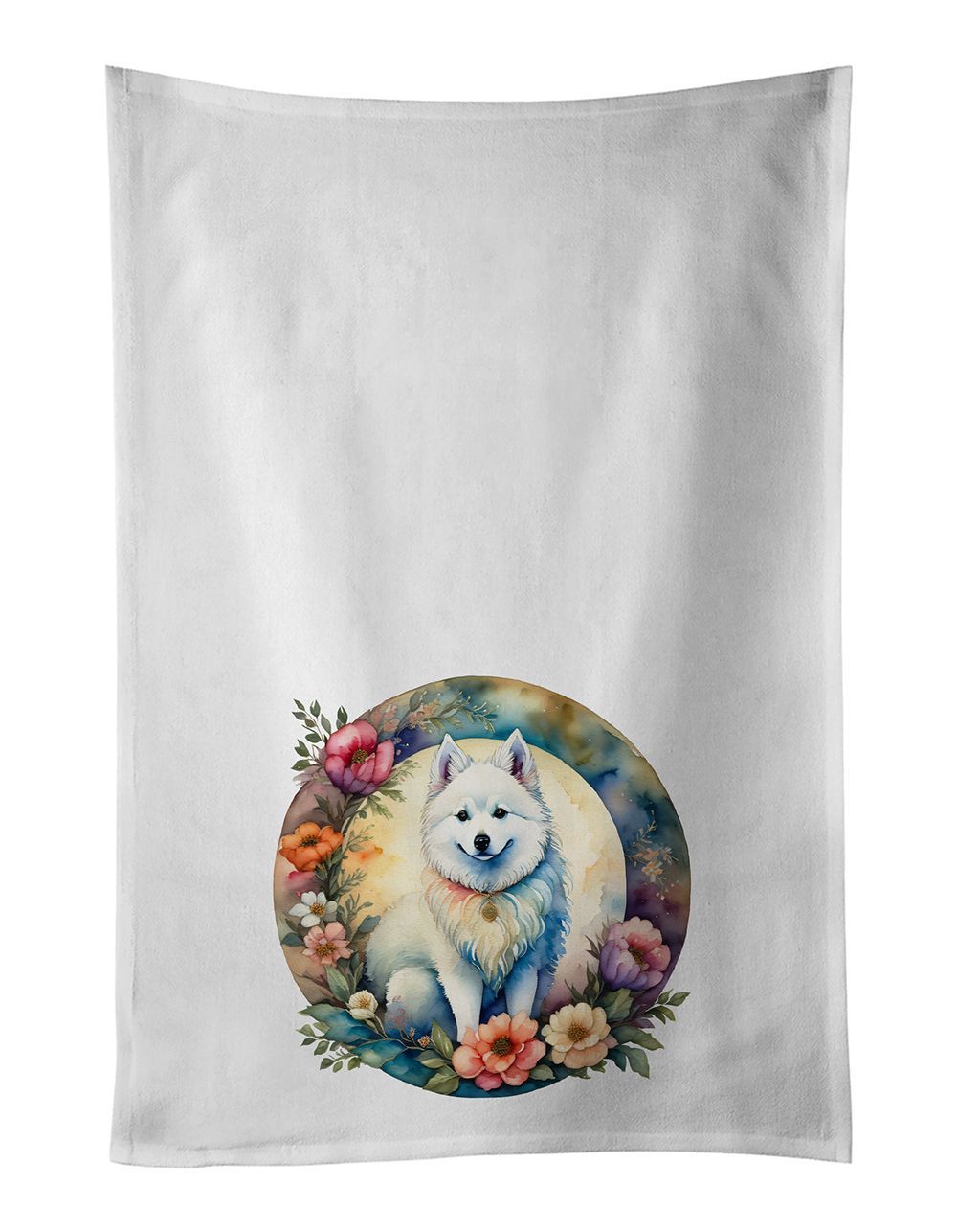 American Eskimo And Flowers Kitchen Towel Set Of 2 White Dish Towels Decorative Bathroom Hand Towel For Hand, Face, Hair, Yoga, Tea, Dishcloth, 19 X 28", White_maomaolike.com