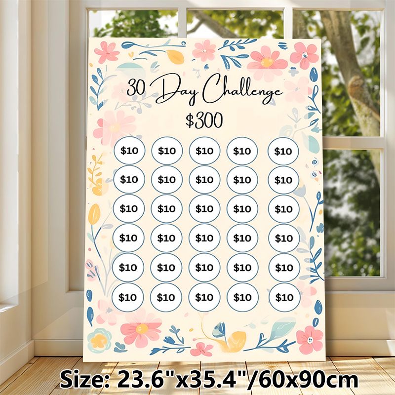 30-Day $300 Savings Challenge Painting Poster, Pastel Floral Decorative Poster, Helps Track Savings Progress Ideal For Home And Personal Finance_maomaolike.com