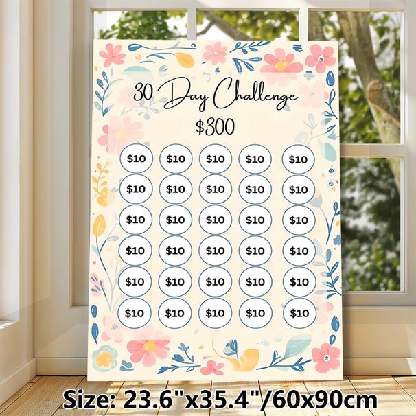 30-Day $300 Savings Challenge Painting Poster, Pastel Floral Decorative Poster, Helps Track Savings Progress Ideal For Home And Personal Finance_maomaolike.com