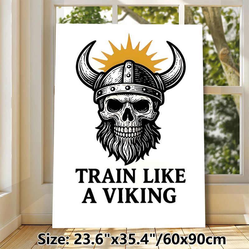 Viking Skull Motivational Painting Poster, Vintage Monochrome Horned Helmet Skull With Beard Poster, Inspiring "Train Like A Viking" Design, Ideal For_maomaolike.com