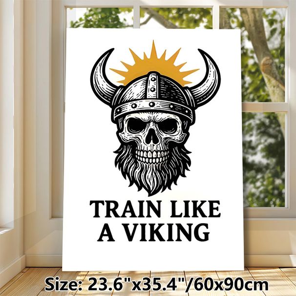 Viking Skull Motivational Painting Poster, Vintage Monochrome Horned Helmet Skull With Beard Poster, Inspiring "Train Like A Viking" Design, Ideal For_maomaolike.com
