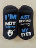 Unisex Black and white dotted eyelashes sleeping face socks i'm not sleeping just resting_maomaolike.com
