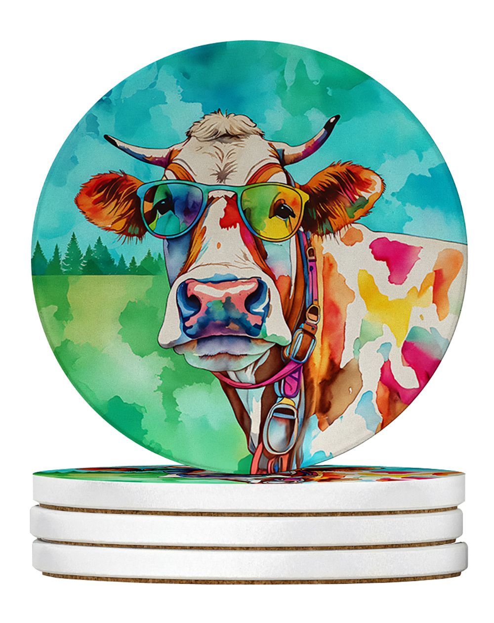 Hippie Animal Cow Large Sandstone Coasters Pack Of 4 Absorbent Round Coasters Decor Gifts For Men Or Women, 4 In, Multicolor_maomaolike.com