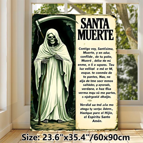Santa Muerte Painting Poster, Vintage Gothic Hooded Skeleton With Scythe & Spanish Prayer Text Poster, Mysterious Spiritual Artwork Ideal For Home_maomaolike.com