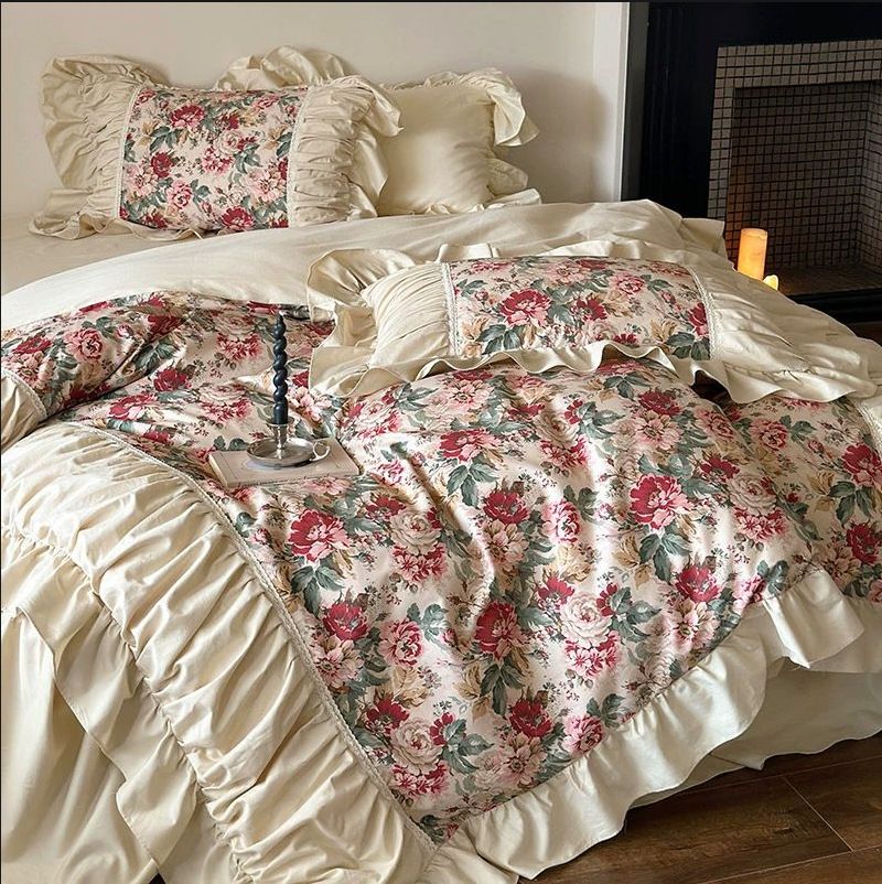 Wholesale INS French Floral Sateen Brushed Four-Piece Princess Style Pleated Lace Bed Skirt Pure Cotton 4-Piece Set_maomaolike.com