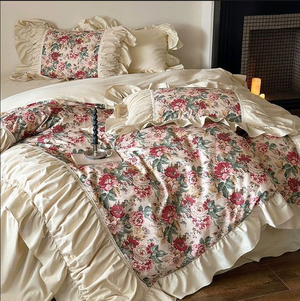 Wholesale INS French Floral Sateen Brushed Four-Piece Princess Style Pleated Lace Bed Skirt Pure Cotton 4-Piece Set_maomaolike.com