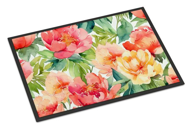 Indiana Peonies In Watercolor Doormat Front Door Mat Indoor Outdoor Rugs For Entryway, Non Slip Washable Low Pile, 24H X 36W_maomaolike.com