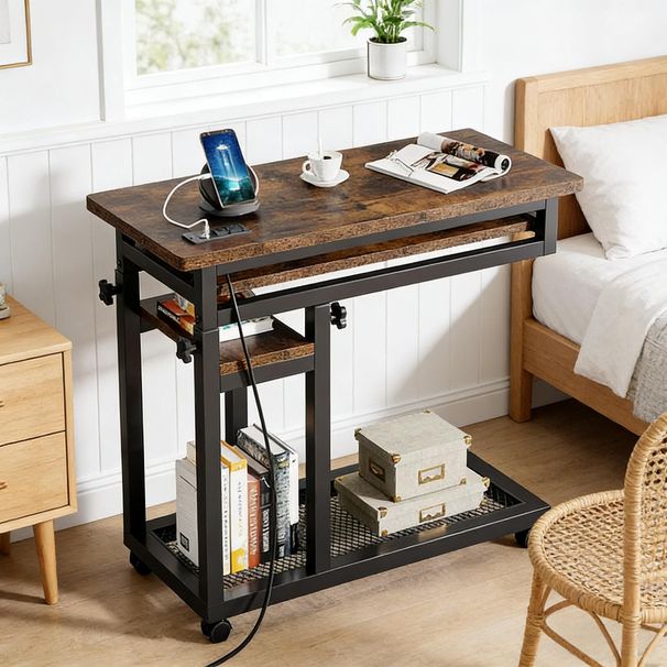 Side Table With Wheels,Durable Mobile C Table,Narrow Desk,Convenient Charging Station_maomaolike.com