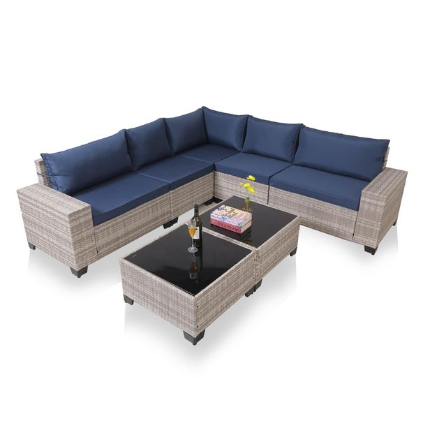 7-Piece Outdoor Patio Furniture Sets, All-Weather Wicker Rattan Sectional Sofa, Modern Glass Coffee Table And Washable Seat Cushion_maomaolike.com