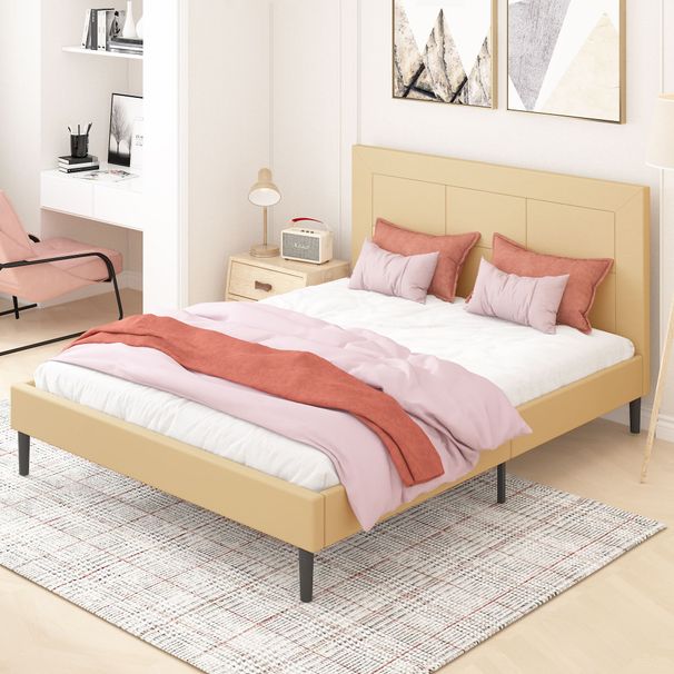 Queen Size Wood Slat Bed Frame 800 Lbs Capacity With PU Leather Headboard_maomaolike.com