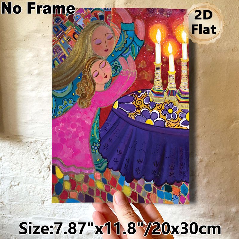 Two Embracing Female Figures With Lit Candles Painting Poster, Vibrant Whimsical Folk Art Style Poster, Rich Textured Colorful Decorative Piece, Ideal_maomaolike.com