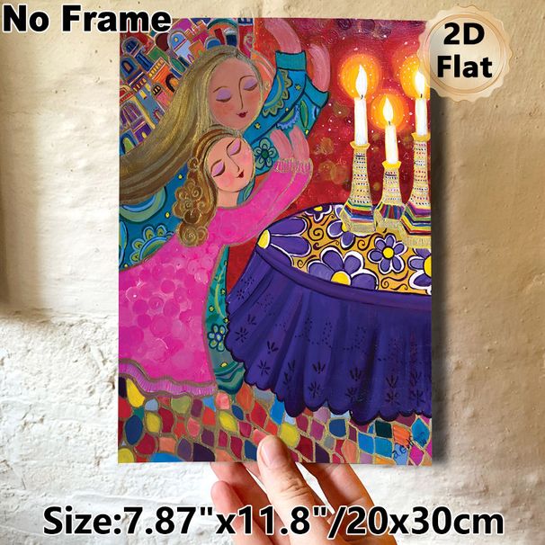 Two Embracing Female Figures With Lit Candles Painting Poster, Vibrant Whimsical Folk Art Style Poster, Rich Textured Colorful Decorative Piece, Ideal_maomaolike.com