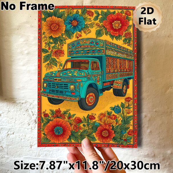 Bohemian Floral Truck Painting Poster, Vibrant Ethnic-style Decorated Truck With Bold Blooming Flowers Poster, Eye-catching Folk Art Design Ideal For_maomaolike.com