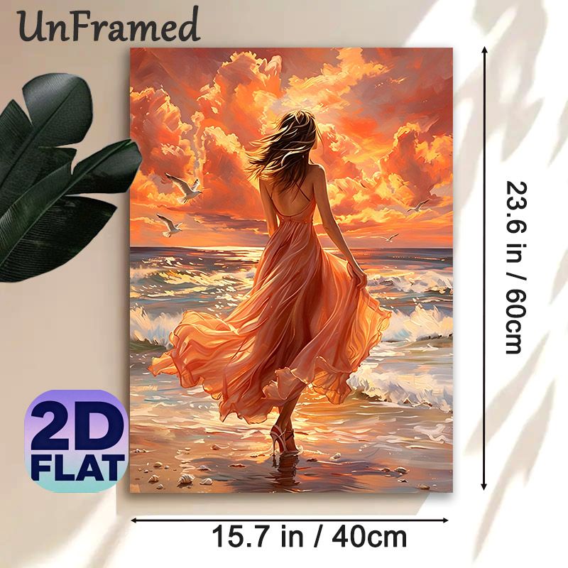 Sunset Beach Lady Painting Poster, Vibrant Artistic Seaside Scene Poster, Warm-toned View Of Lady In Flowing Dress With Seagulls, Serene Wall Decor_maomaolike.com