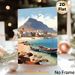 Cape Verde Coastal Village Painting Poster, Warm-toned Illustrative Seaside Scene Poster, Peaceful Coastal View With Fishing Boats And Mountain, Ideal_maomaolike.com