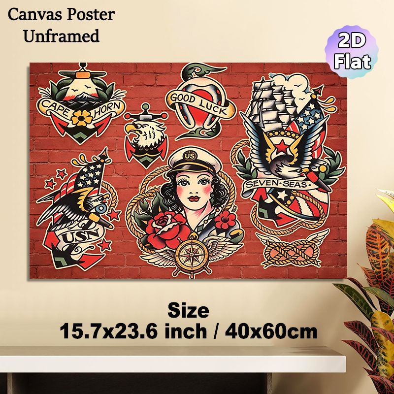 Nautical Vintage Tattoo Painting Poster, Vibrant Classic Old-School Tattoo-style Nautical Motifs Poster, Eye-catching Nostalgic Art For Home, Bar Or_maomaolike.com