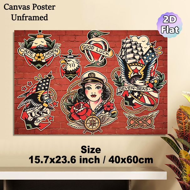 Nautical Vintage Tattoo Painting Poster, Vibrant Classic Old-School Tattoo-style Nautical Motifs Poster, Eye-catching Nostalgic Art For Home, Bar Or_maomaolike.com