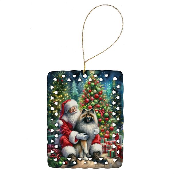 Keeshond And Santa Claus Porcelain Ornament Christmas Tree Hanging Decorations For Home Christmas Holiday, Rectangle, Gift, Multicolor_maomaolike.com
