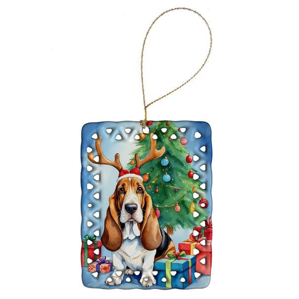 Basset Hound Christmas Reindeer Porcelain Ornament Christmas Tree Hanging Decorations For Home Christmas Holiday, Rectangle, Gift, Multicolor_maomaolike.com