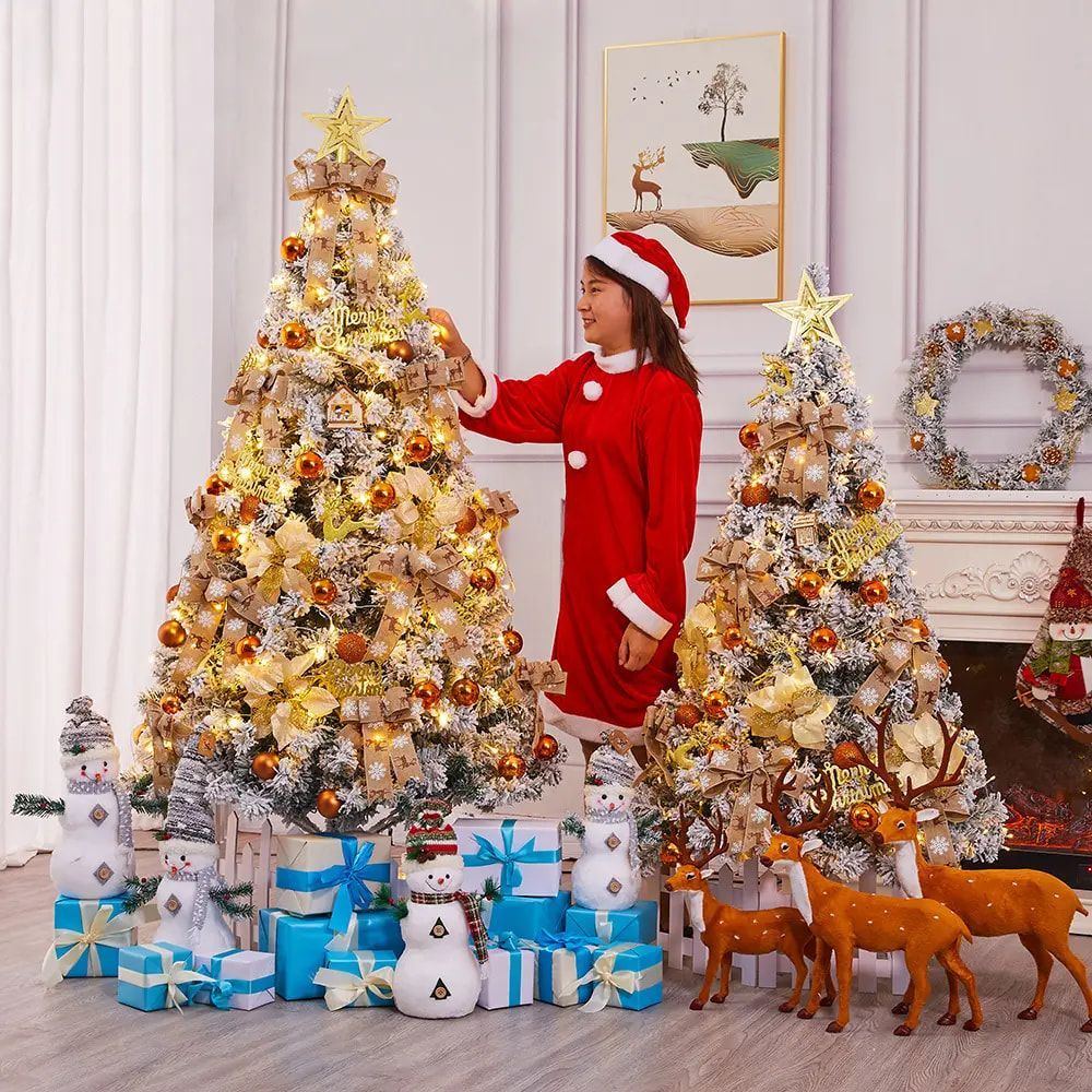 6FT/7FT Snow Flocked Christmas Tree, Artificial Faux-Pine Xmas Tree With Premium PVC Needles, Foldable Metal Stand, Full Hinged Christmas Tree Holiday Décor For Indoor & Outdoor (6FT)_maomaolike.com