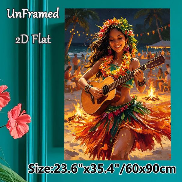 Hawaiian Beach Luau Painting Poster, Warm-toned Vivid Artistic Poster, Captures Joyful Tropical Bonfire Gathering With Guitar-playing Hula Girl_maomaolike.com