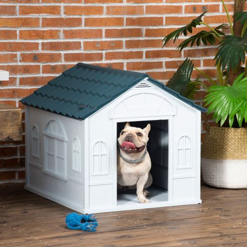 PawHut Plastic Dog House, Water Resistant Puppy Shelter Indoor Outdoor With Door, Easy To Assemble, For Medium And Small Dogs, Blue_maomaolike.com