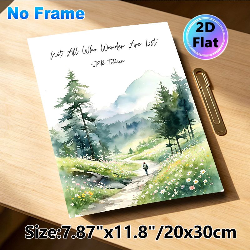 Wanderlust Mountain Trail Painting Poster, Soft Watercolor Scenic Path With Wildflowers And Hiker Poster, Inspirational "Not All Who Wander Are Lost_maomaolike.com