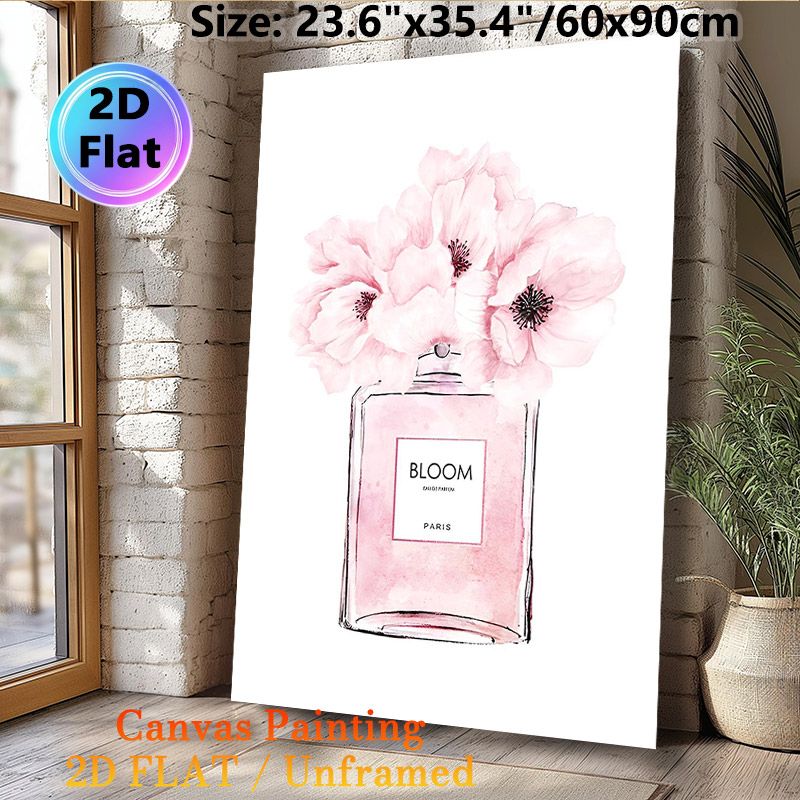 Floral Perfume Bottle Painting Poster, Delicate Watercolor Pink Flower & Perfume Bottle Poster, Elegant Decorative Piece Ideal For Bedroom, Dressing_maomaolike.com