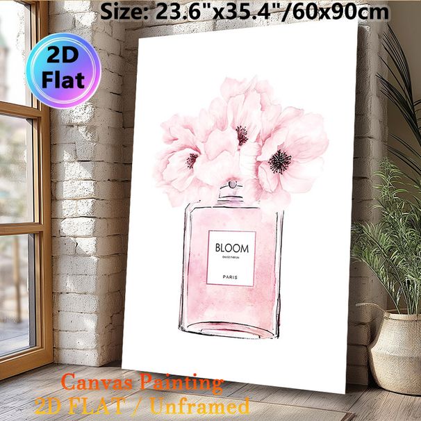 Floral Perfume Bottle Painting Poster, Delicate Watercolor Pink Flower & Perfume Bottle Poster, Elegant Decorative Piece Ideal For Bedroom, Dressing_maomaolike.com