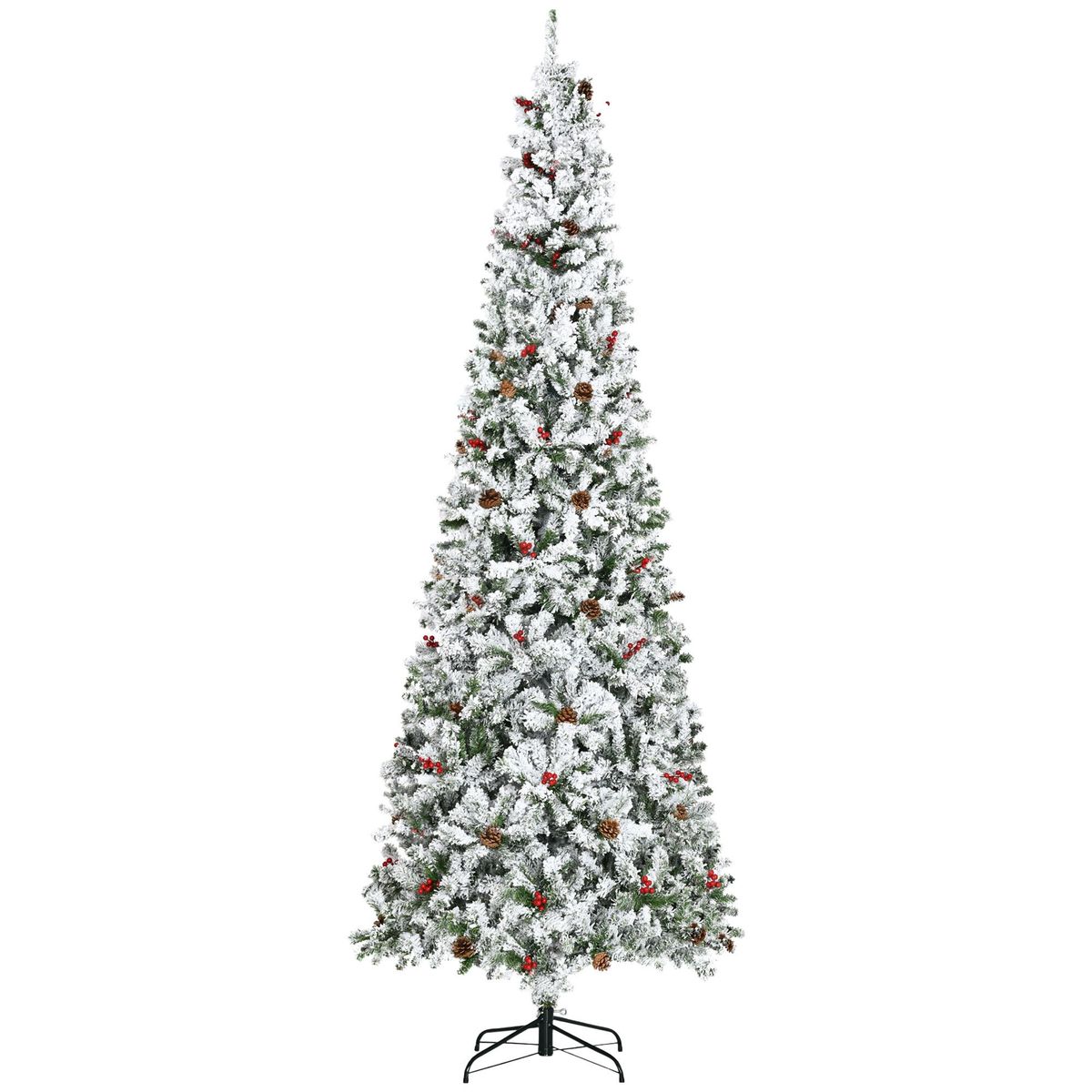 9 Foot Pencil Snow Flocked Artificial Christmas Tree With Pine Realistic Branches, Pine Cones, Red Berries, Auto Open, Green_maomaolike.com