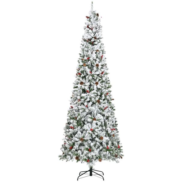 9 Foot Pencil Snow Flocked Artificial Christmas Tree With Pine Realistic Branches, Pine Cones, Red Berries, Auto Open, Green_maomaolike.com